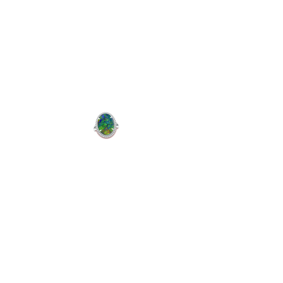 15.92x10.55x4.21mm AAAA GIA Certified Oval Black Opal Cocktail Ring with Beaded Halo in 18K White Gold body-hand