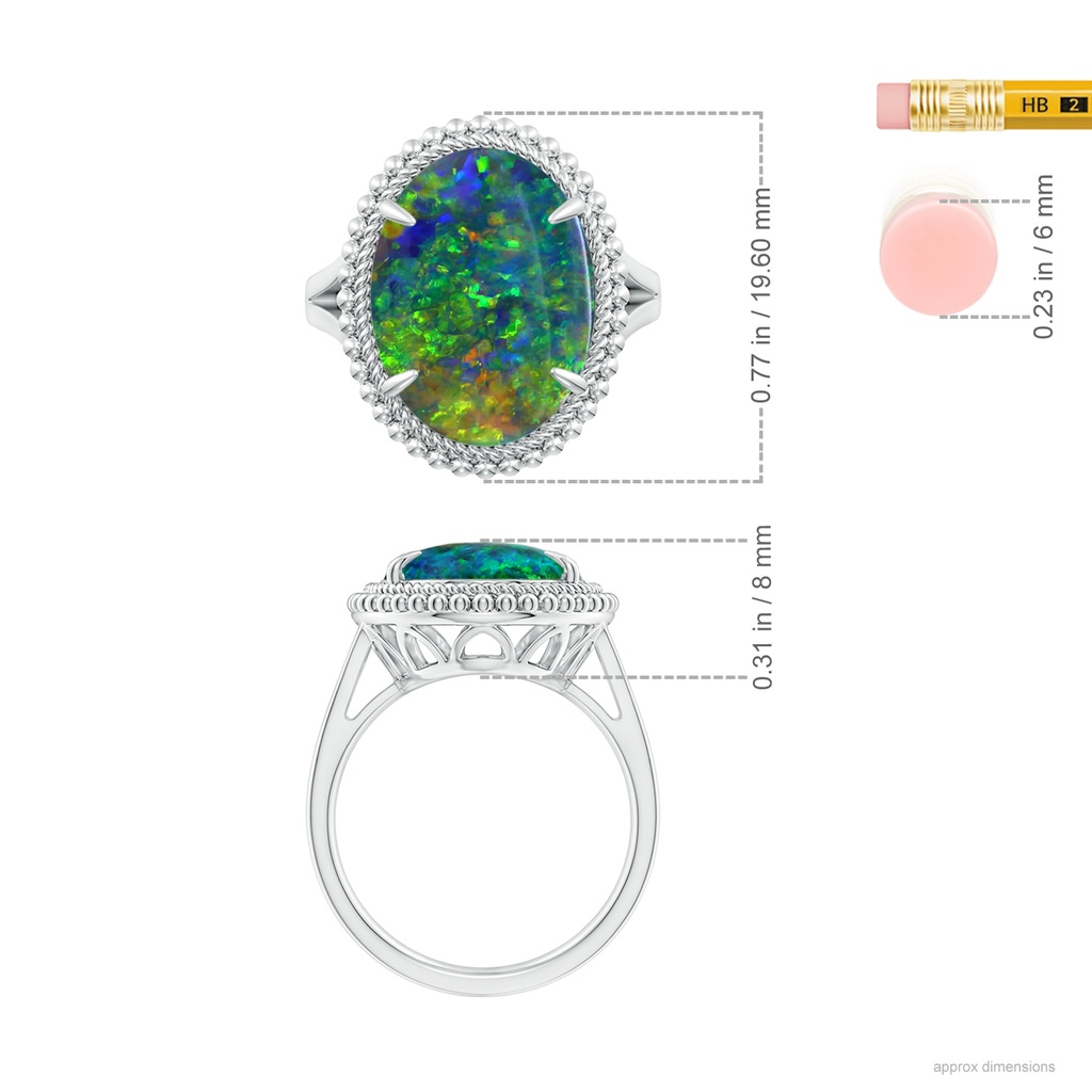15.92x10.55x4.21mm AAAA GIA Certified Oval Black Opal Cocktail Ring with Beaded Halo in 18K White Gold Ruler