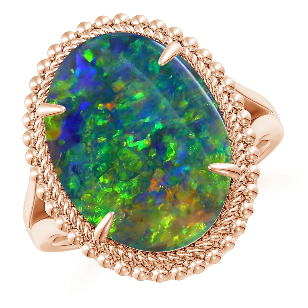 15.92x10.55x4.21mm AAAA GIA Certified Oval Black Opal Cocktail Ring with Beaded Halo in Rose Gold