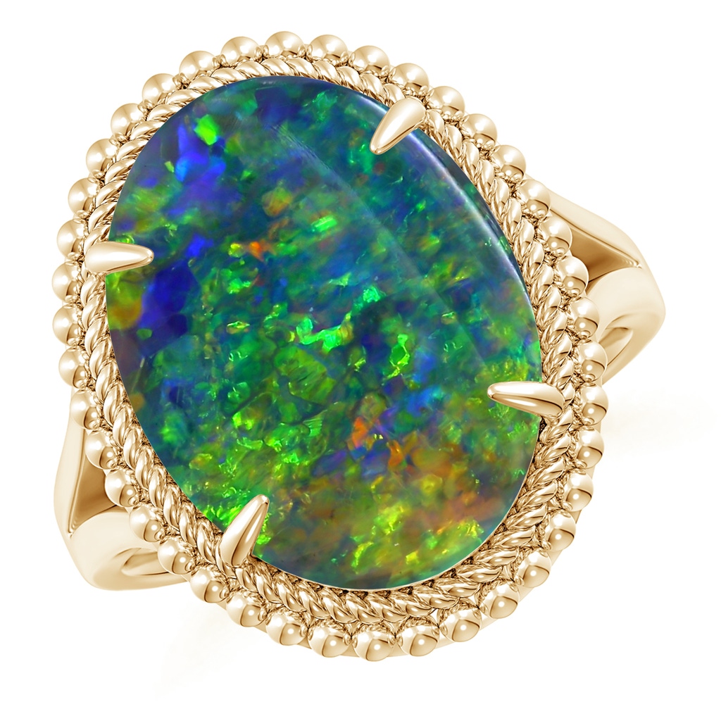 15.92x10.55x4.21mm AAAA GIA Certified Oval Black Opal Cocktail Ring with Beaded Halo in Yellow Gold