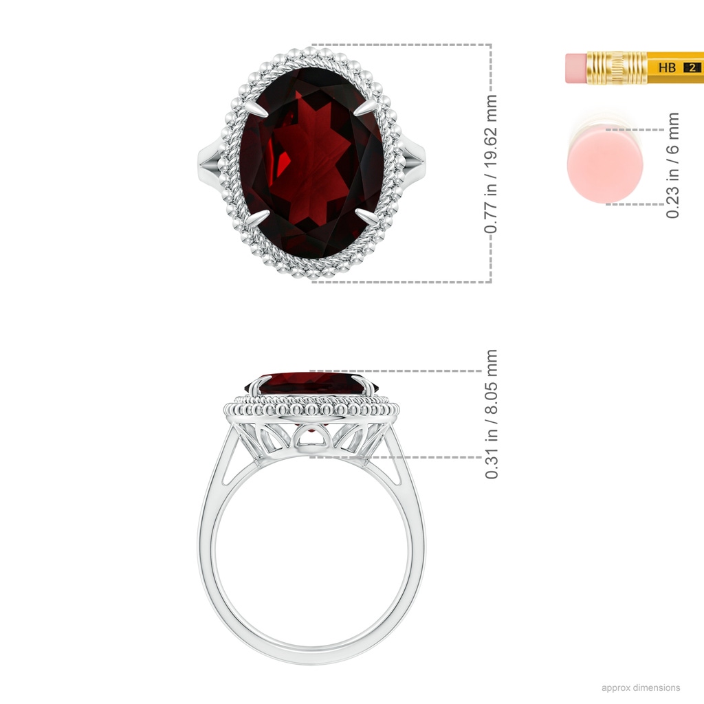 16.07x12.05x6.88mm AAA GIA Certified Oval Garnet Cocktail Ring with Beaded Halo in White Gold ruler