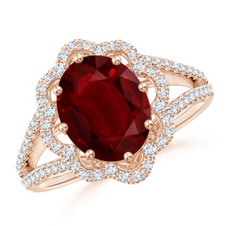 10.27x7.97x4.02mm AAA GIA Certified Oval Ruby Floral Halo Split Shank Ring in 10K Rose Gold