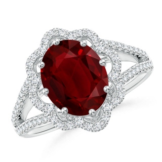 10.27x7.97x4.02mm AAA GIA Certified Oval Ruby Floral Halo Split Shank Ring in 18K White Gold