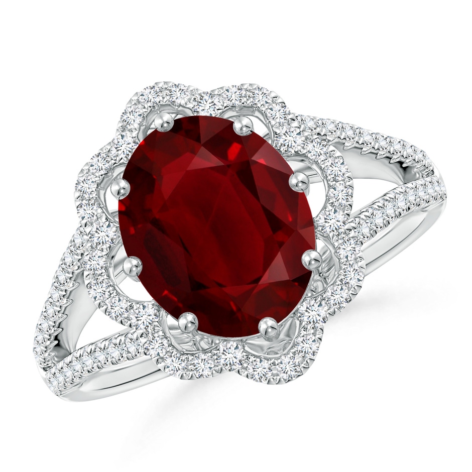 10.27x7.97x4.02mm AAA GIA Certified Oval Ruby Floral Halo Split Shank Ring in 18K White Gold 