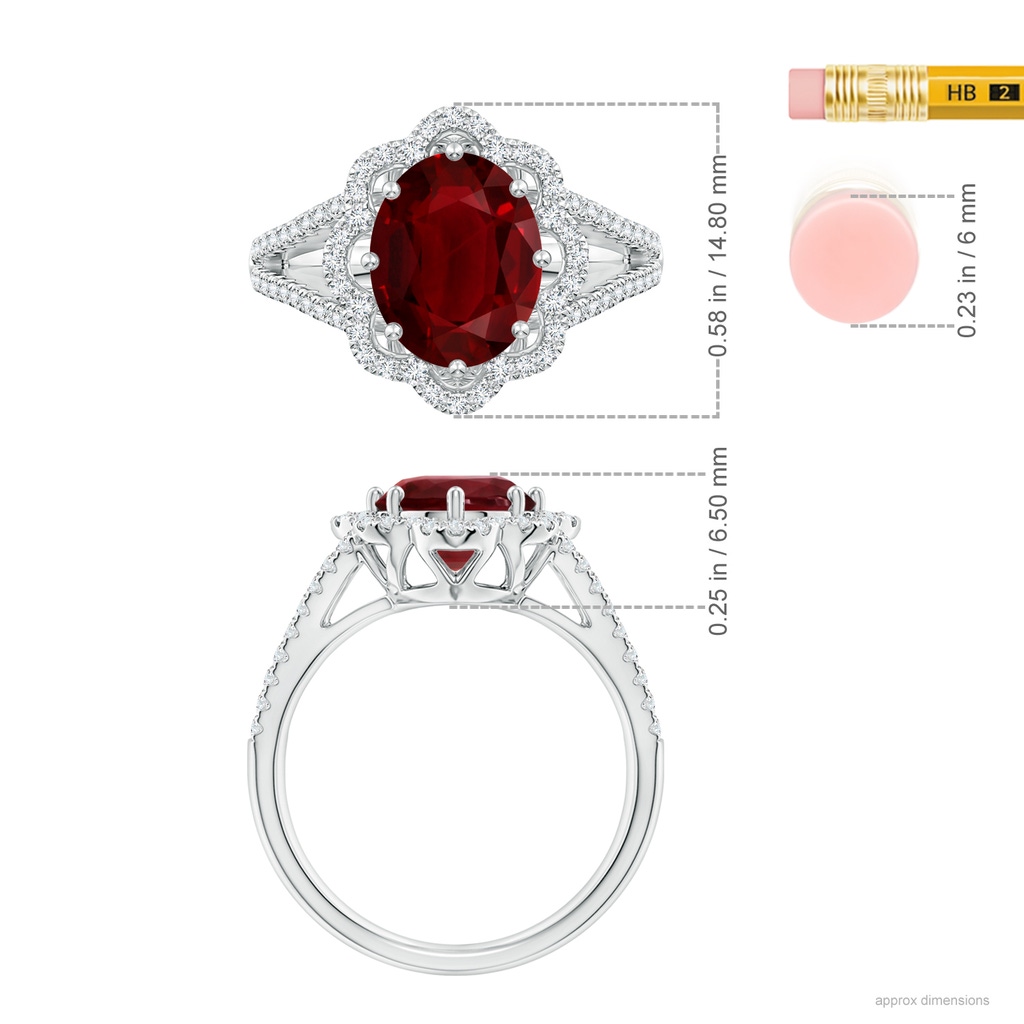 10.27x7.97x4.02mm AAA GIA Certified Oval Ruby Floral Halo Split Shank Ring in 18K White Gold Ruler