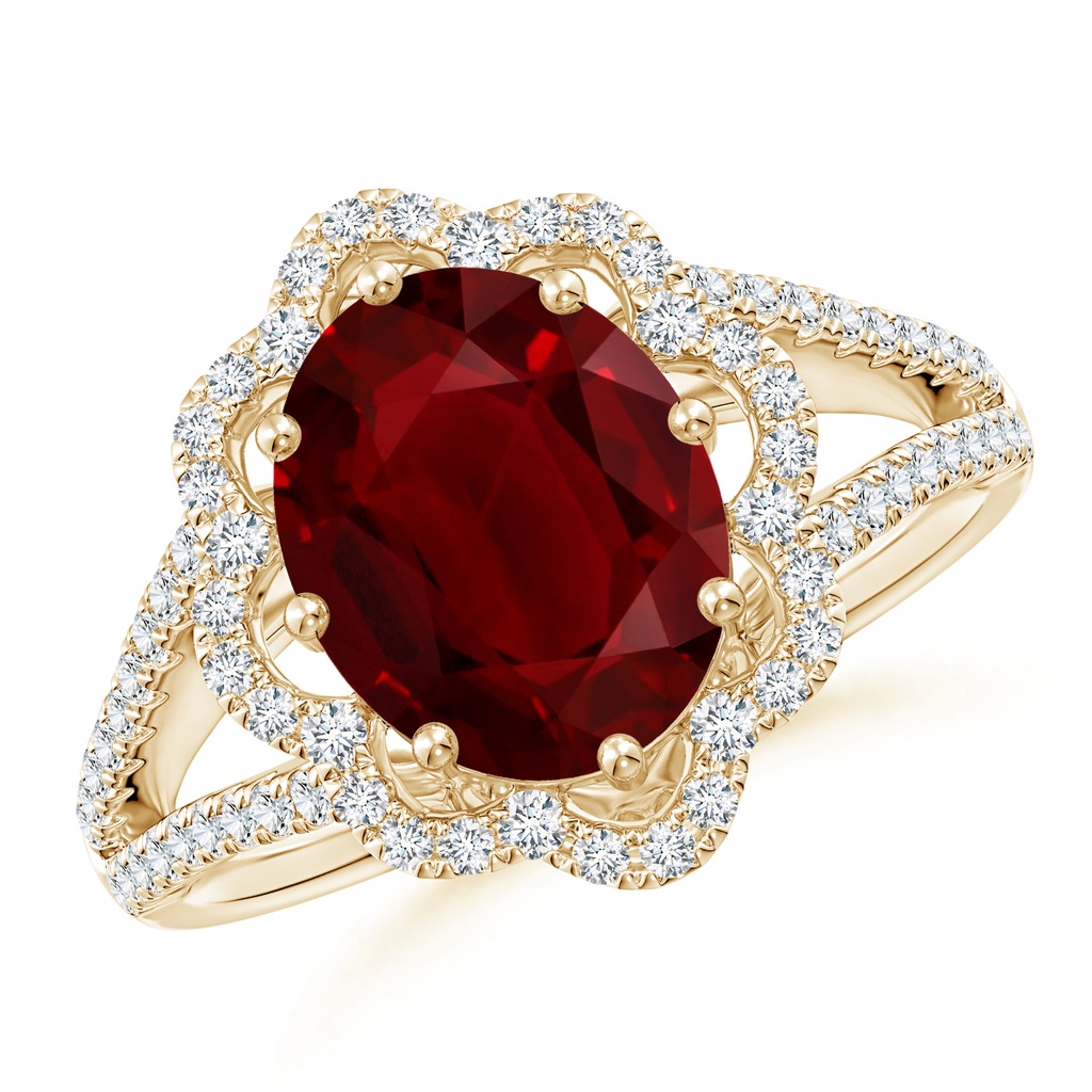 10.27x7.97x4.02mm AAA GIA Certified Oval Ruby Floral Halo Split Shank Ring in Yellow Gold