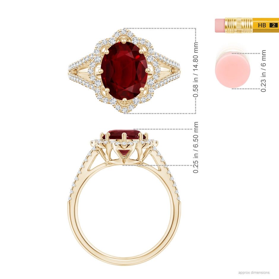 10.27x7.97x4.02mm AAA GIA Certified Oval Ruby Floral Halo Split Shank Ring in Yellow Gold ruler