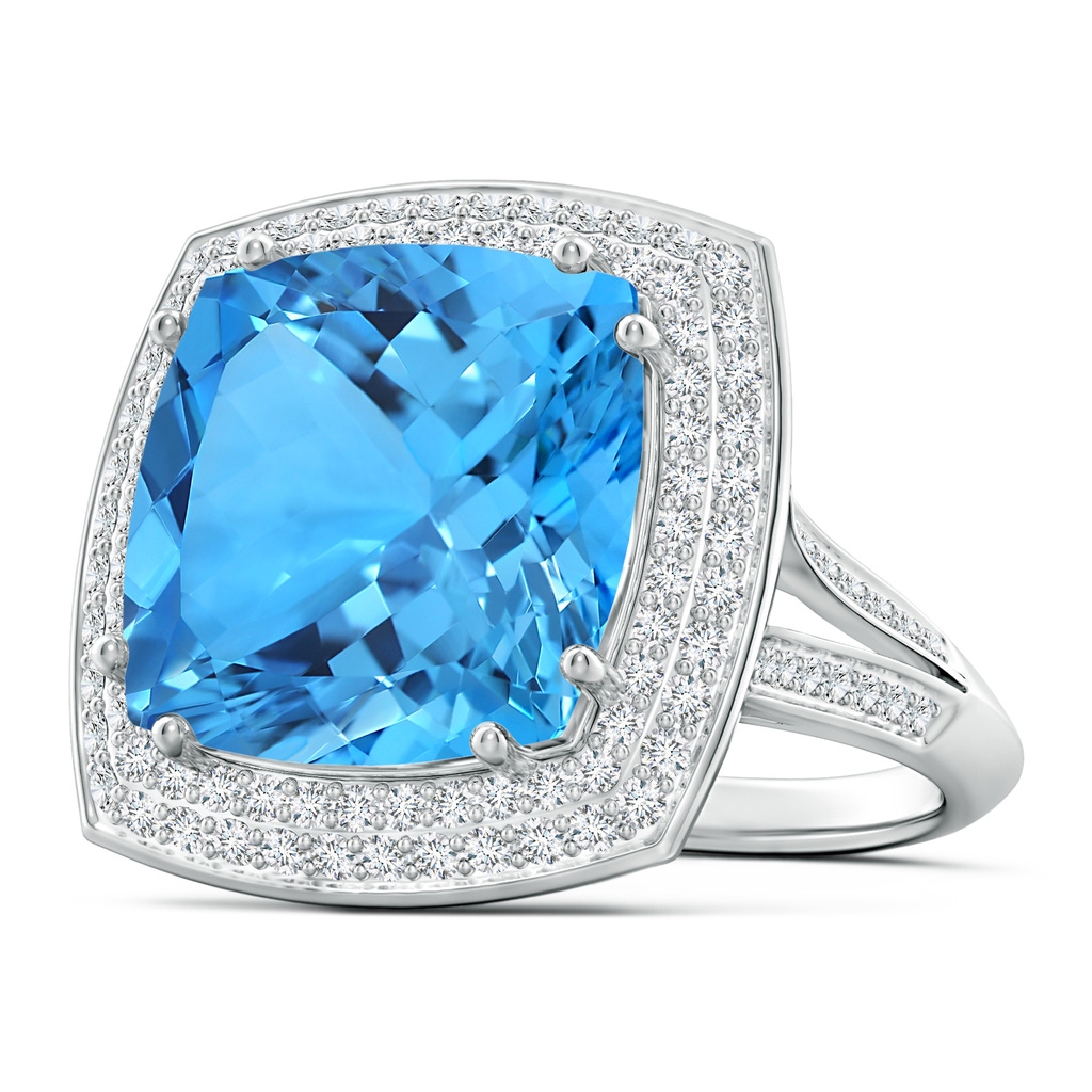 14.00x13.92x8.89mm AAAA GIA Certified Cushion Swiss Blue Topaz Ring with Diamond Halo - 13.7 CT TW in White Gold
