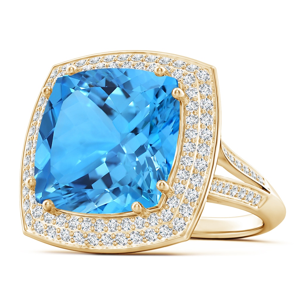 14.00x13.92x8.89mm AAAA GIA Certified Cushion Swiss Blue Topaz Ring with Diamond Halo - 13.7 CT TW in Yellow Gold
