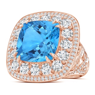 14.00x13.92x8.89mm AAAA GIA Certified Swiss Blue Topaz Double Halo Criss Cross Ring - 16.7 CT TW in 18K Rose Gold