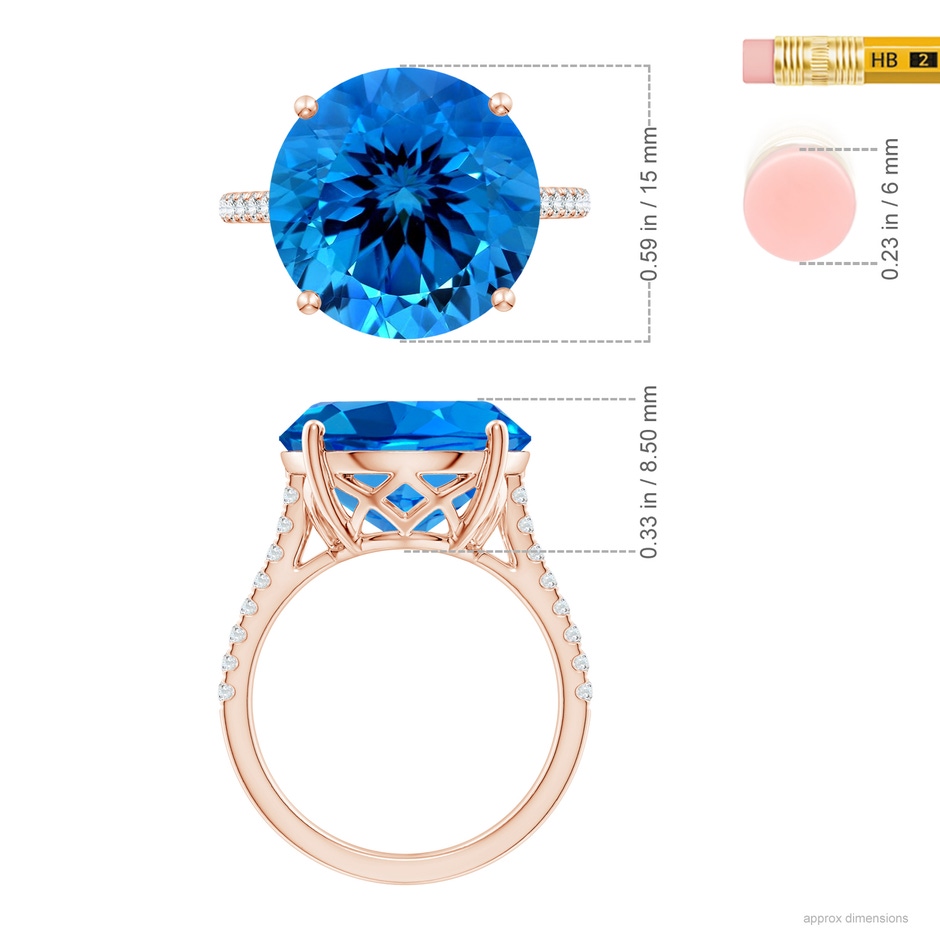 15.14x15.01x9.20mm AAAA GIA Certified Round Swiss Blue Topaz Cathedral Ring with Diamonds in 18K Rose Gold ruler
