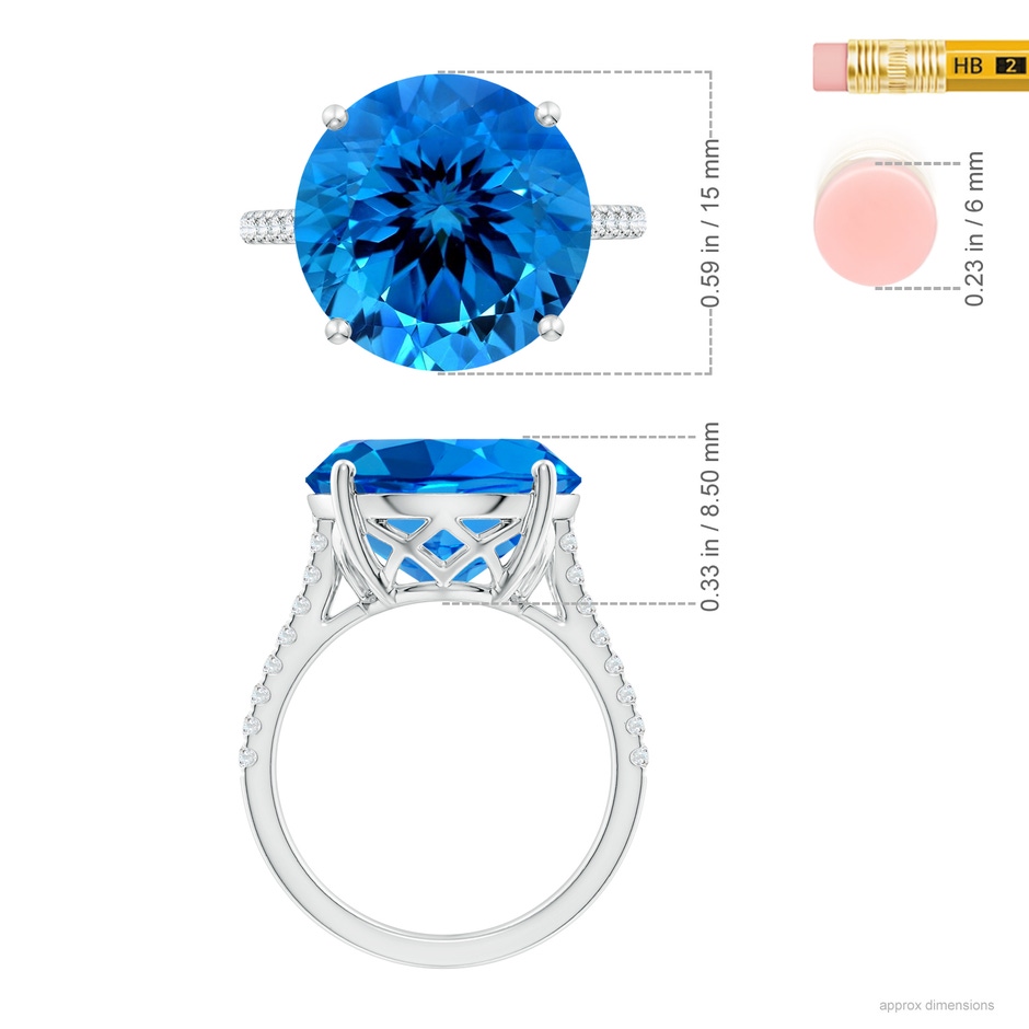 15.14x15.01x9.20mm AAAA GIA Certified Round Swiss Blue Topaz Cathedral Ring with Diamonds in 9K White Gold ruler