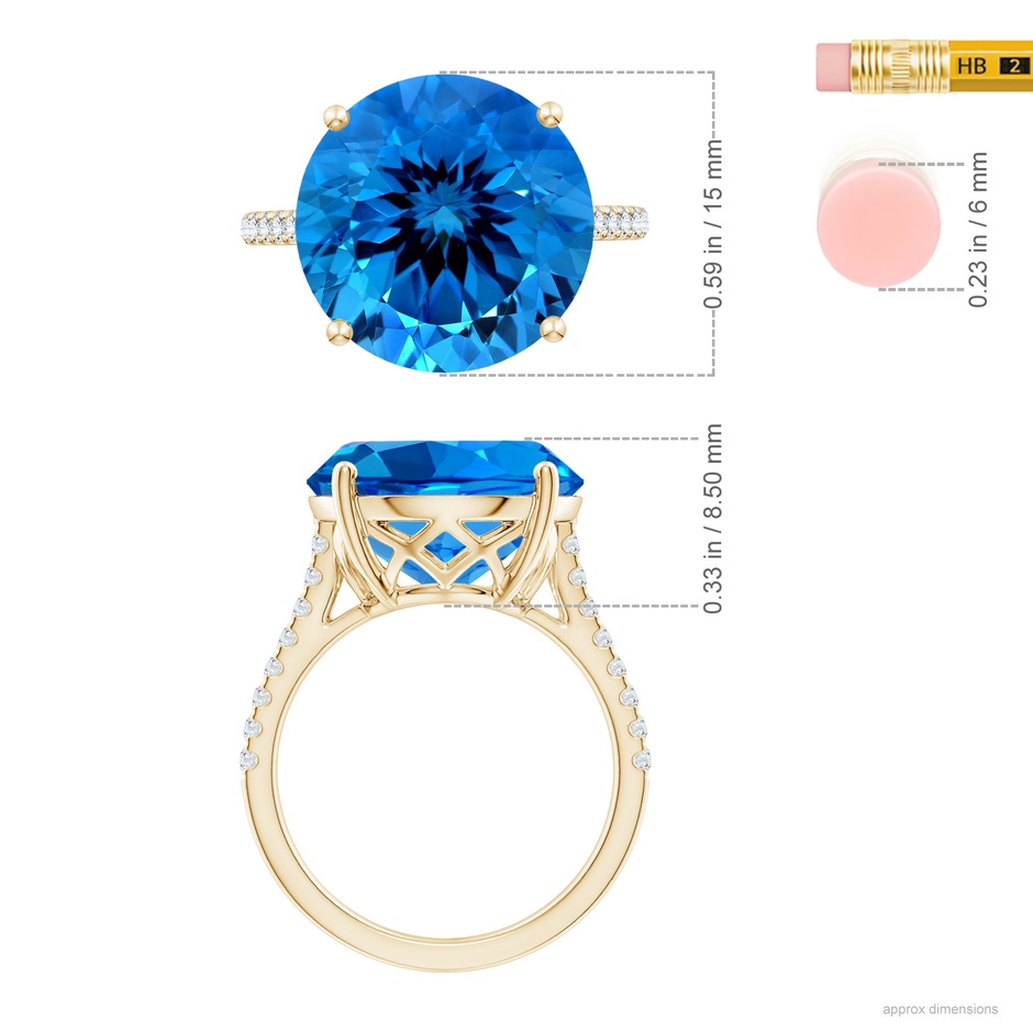 15.14x15.01x9.20mm AAAA GIA Certified Round Swiss Blue Topaz Cathedral Ring with Diamonds in Yellow Gold ruler