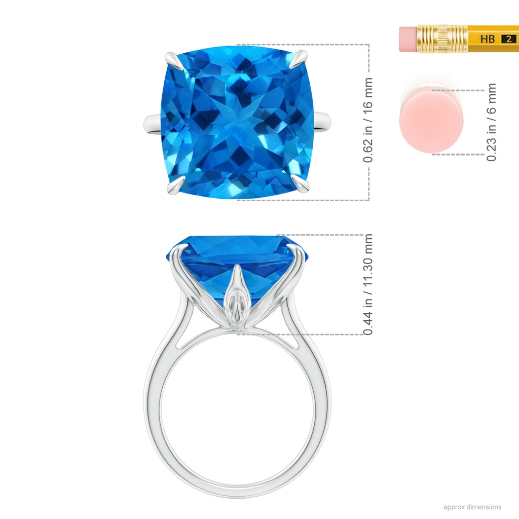 16.05x16.02x10.74mm AAAA Claw-Set GIA Certified Cushion Swiss Blue Topaz Solitaire Ring in White Gold ruler