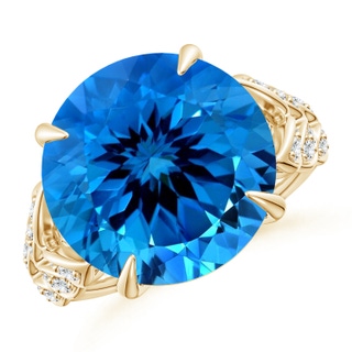 15.14x15.01x9.20mm AAAA GIA Certified Round Swiss Blue Topaz Ring with Diamond Leaf Motifs in 10K Yellow Gold