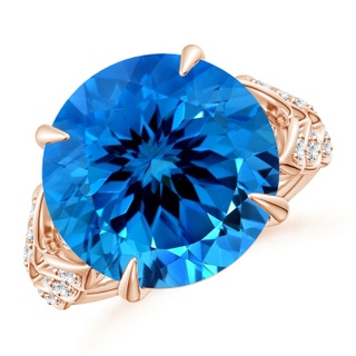 15.14x15.01x9.20mm AAAA GIA Certified Round Swiss Blue Topaz Ring with Diamond Leaf Motifs in 9K Rose Gold