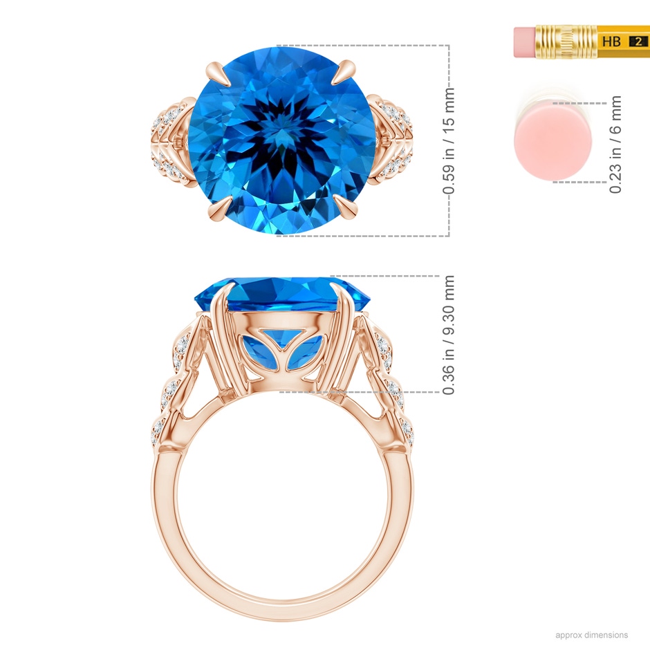 15.14x15.01x9.20mm AAAA GIA Certified Round Swiss Blue Topaz Ring with Diamond Leaf Motifs in Rose Gold ruler