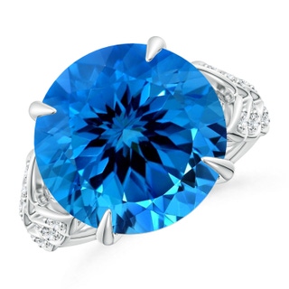 15.14x15.01x9.20mm AAAA GIA Certified Round Swiss Blue Topaz Ring with Diamond Leaf Motifs in White Gold