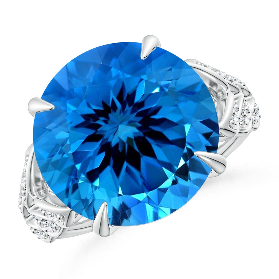 15.14x15.01x9.20mm AAAA GIA Certified Round Swiss Blue Topaz Ring with Diamond Leaf Motifs in White Gold 