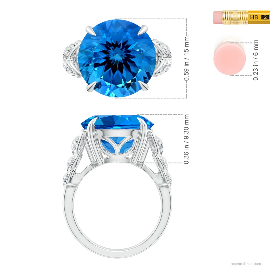 15.14x15.01x9.20mm AAAA GIA Certified Round Swiss Blue Topaz Ring with Diamond Leaf Motifs in White Gold ruler