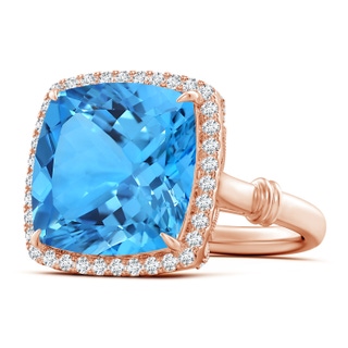 14.00x13.92x8.89mm AAAA GIA Certified Swiss Blue Topaz Halo Ring with Leaf Motifs - 13.2 CT TW in 18K Rose Gold