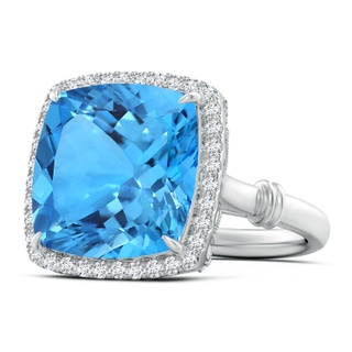 14.00x13.92x8.89mm AAAA GIA Certified Swiss Blue Topaz Halo Ring with Leaf Motifs - 13.2 CT TW in 18K White Gold