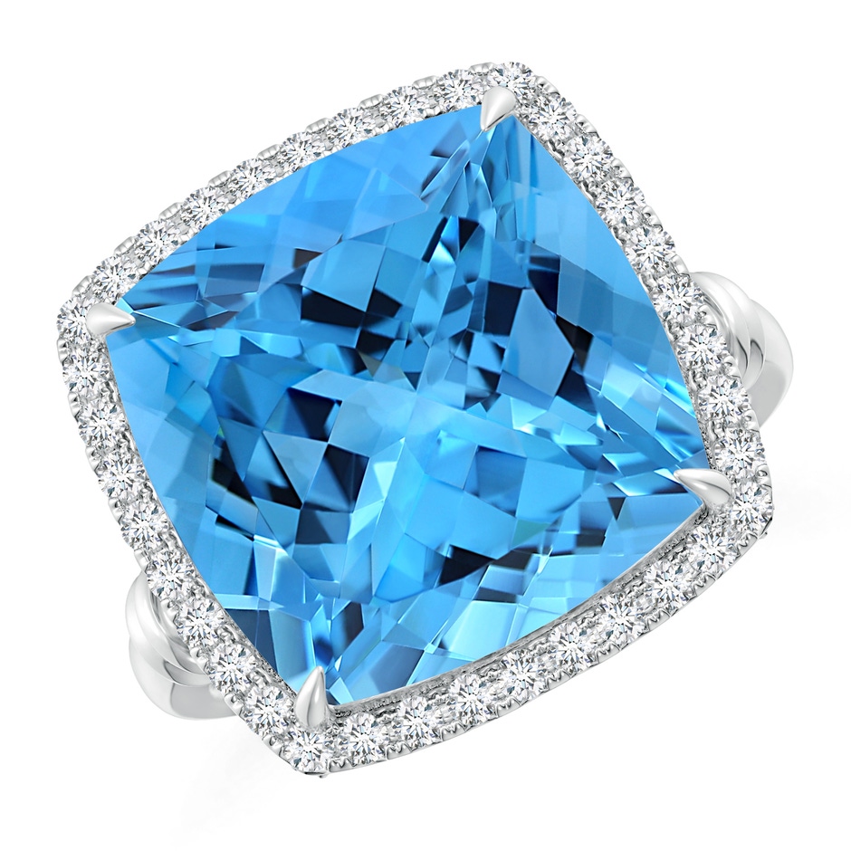 14.00x13.92x8.89mm AAAA GIA Certified Swiss Blue Topaz Halo Ring with Leaf Motifs - 13.2 CT TW in 18K White Gold product image