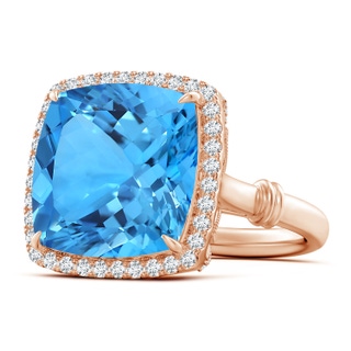 14.00x13.92x8.89mm AAAA GIA Certified Swiss Blue Topaz Halo Ring with Leaf Motifs - 13.2 CT TW in 9K Rose Gold