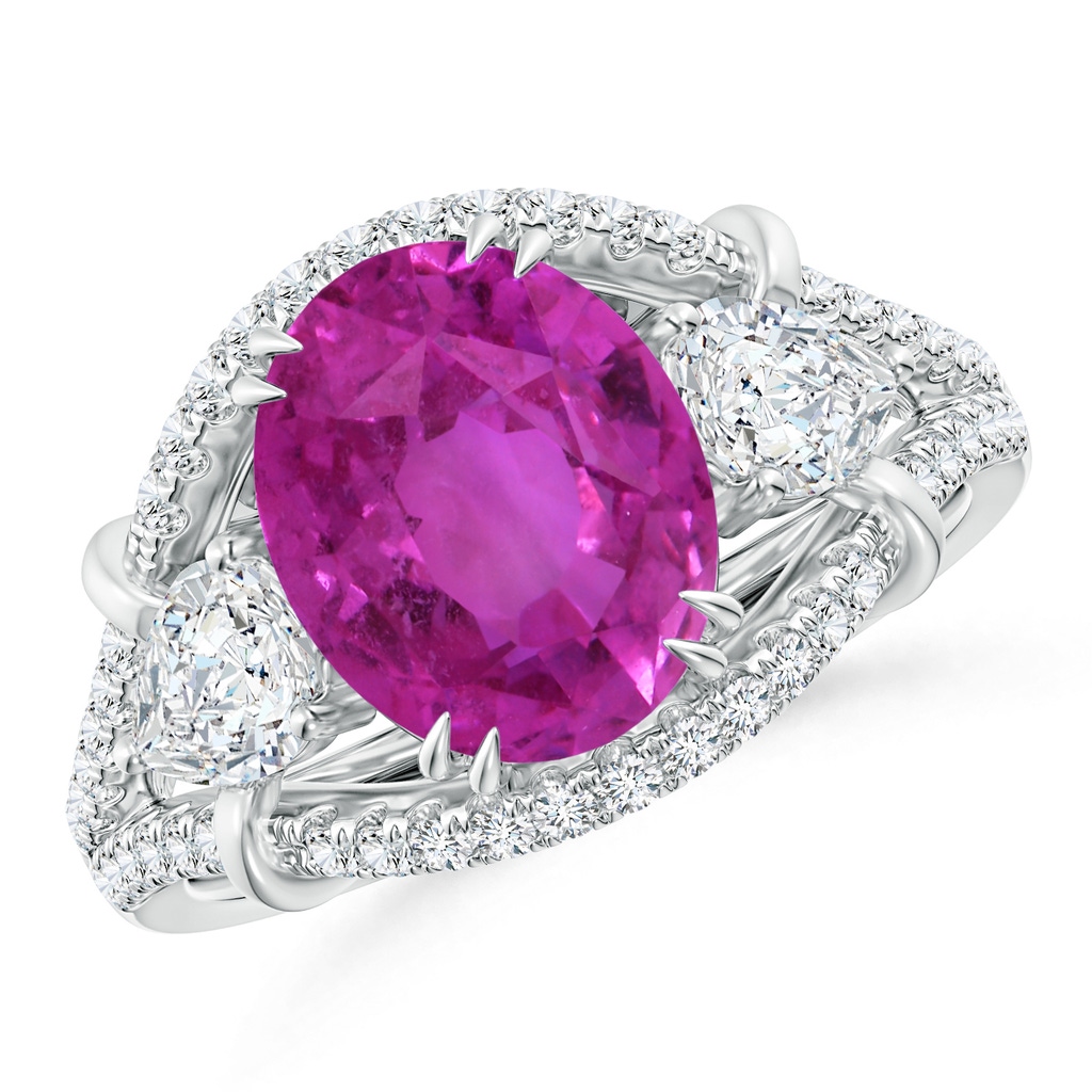10.30x8.52x6.53mm AAA GIA Certified Oval Pink Sapphire Three Stone Ring with Diamonds in 18K White Gold