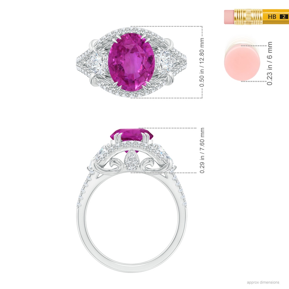 10.30x8.52x6.53mm AAA GIA Certified Oval Pink Sapphire Three Stone Ring with Diamonds in 18K White Gold ruler