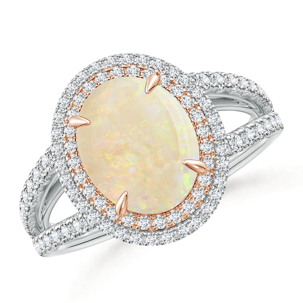 13.86x10.16x4.37mm AAAA GIA Certified Oval Opal Split Shank Double Halo Ring in White Gold Rose Gold