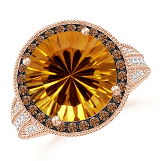 12.20x12.14x8.14mm AAAA GIA Certified Round Citrine Ring with Coffee Diamond Halo in 10K Rose Gold
