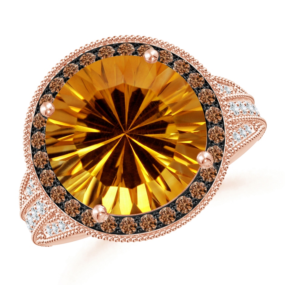 12.20x12.14x8.14mm AAAA GIA Certified Round Citrine Ring with Coffee Diamond Halo in 18K Rose Gold 