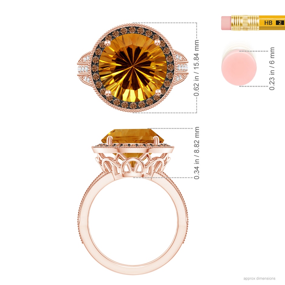 12.20x12.14x8.14mm AAAA GIA Certified Round Citrine Ring with Coffee Diamond Halo in 18K Rose Gold ruler