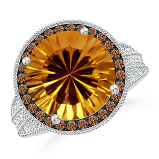 12.20x12.14x8.14mm AAAA GIA Certified Round Citrine Ring with Coffee Diamond Halo in 18K White Gold