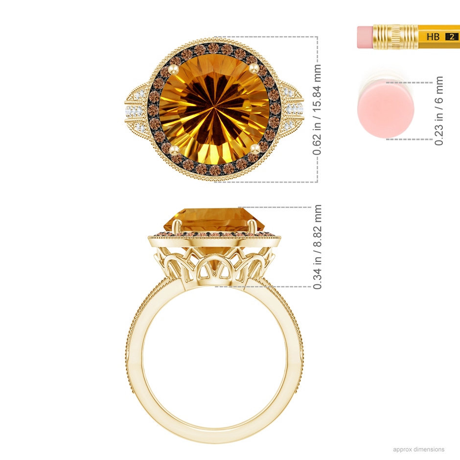 12.20x12.14x8.14mm AAAA GIA Certified Round Citrine Ring with Coffee Diamond Halo in 18K Yellow Gold ruler