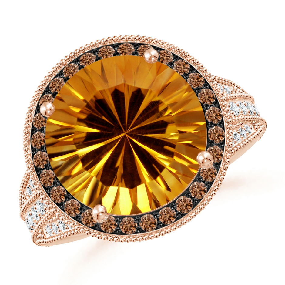12.20x12.14x8.14mm AAAA GIA Certified Round Citrine Ring with Coffee Diamond Halo in Rose Gold 