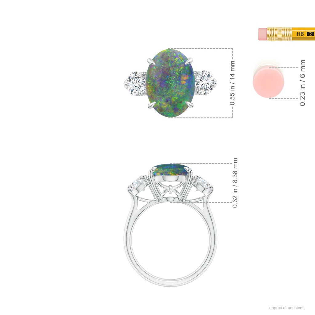 13.63x9.76x5.15mm AAA GIA Certified Black Opal Three Stone Ring with Diamond in 18K White Gold ruler