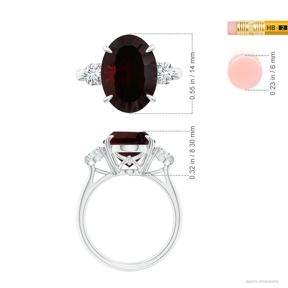 14.08x10.09x5.79mm AAA GIA Certified Garnet Three Stone Ring with Diamonds in 18K White Gold ruler