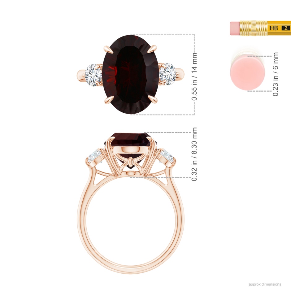 14.08x10.09x5.79mm AAA GIA Certified Garnet Three Stone Ring with Diamonds in Rose Gold ruler
