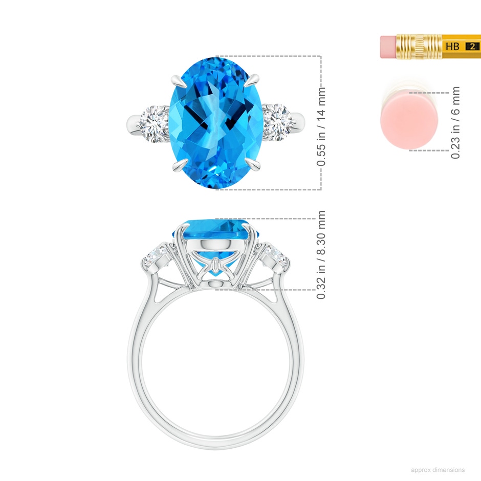 14.11x10.04x6.69mm AAA GIA Certified Swiss Blue Topaz Three Stone Ring with Diamond - 8.4 CT TW in White Gold ruler