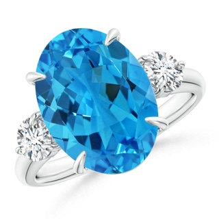 14.11x10.13x6.15mm AAA GIA Certified Swiss Blue Topaz Three Stone Ring with Diamond. in White Gold
