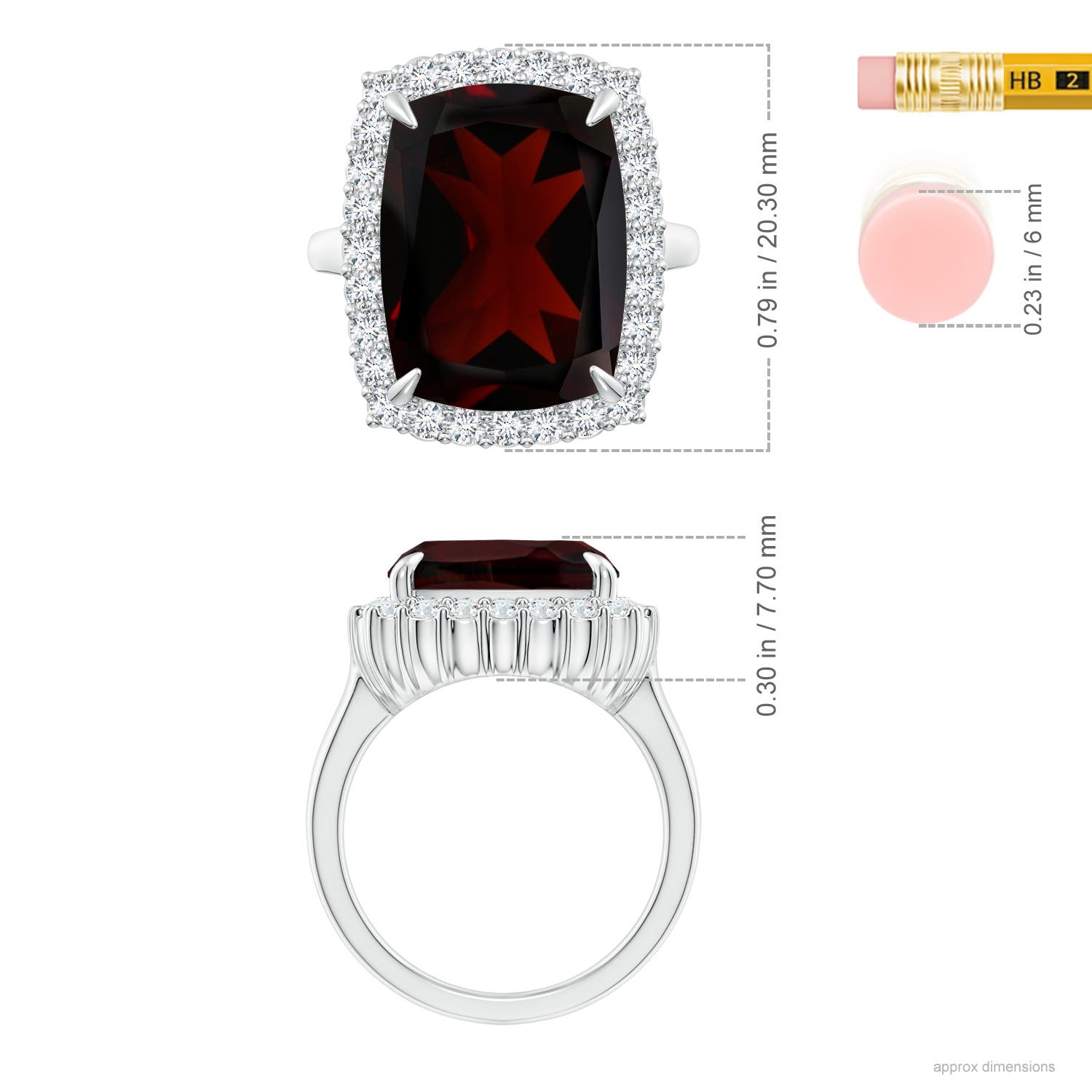 15x12.7mm A GIA Certified Rectangular Cushion Garnet Ring with Diamond Halo in 18CT White Gold - ruler