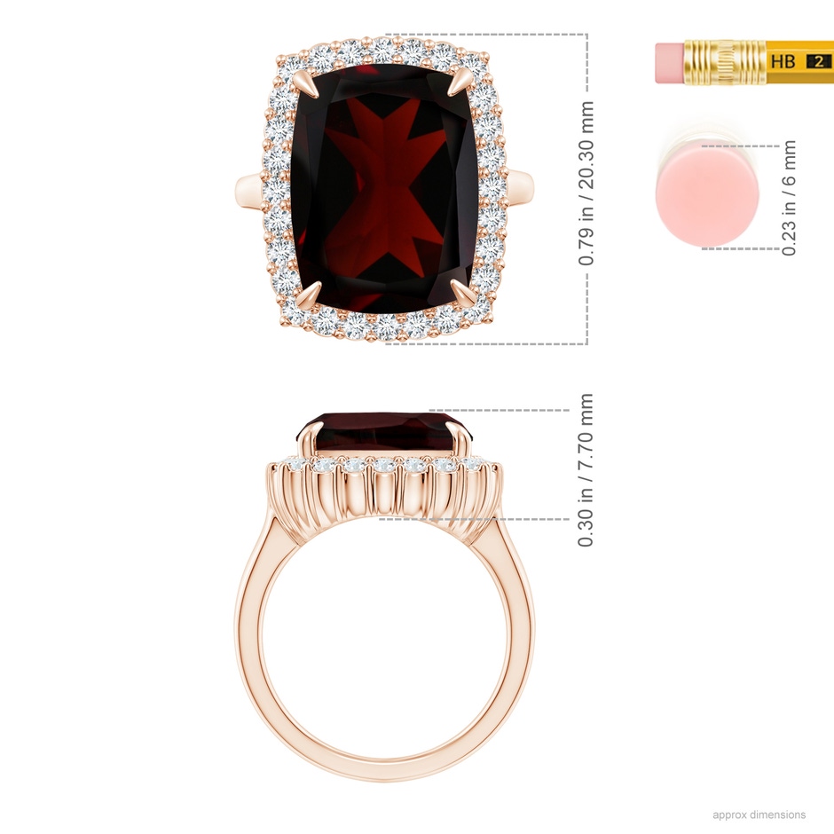 15x12.7mm A GIA Certified Rectangular Cushion Garnet Ring with Diamond Halo in Rose Gold ruler