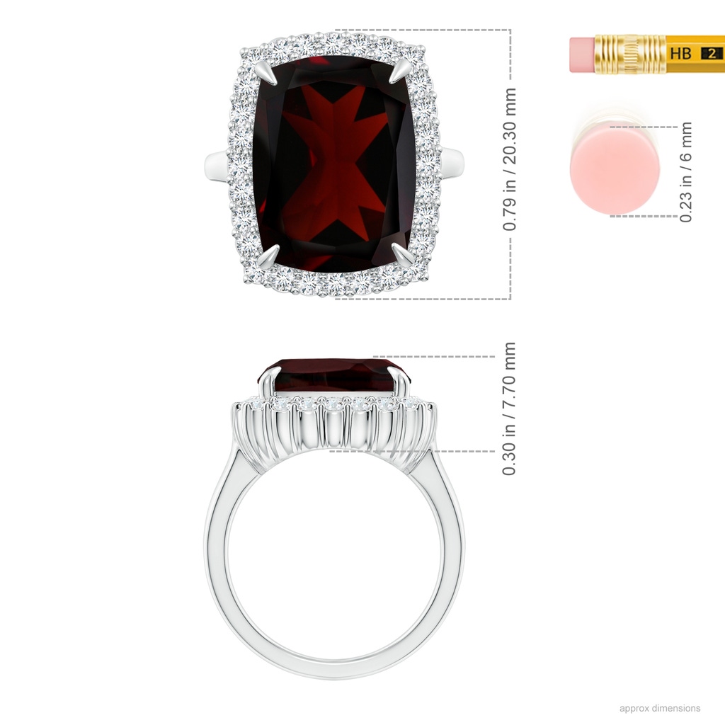 15x12.7mm A GIA Certified Rectangular Cushion Garnet Ring with Diamond Halo in White Gold Ruler