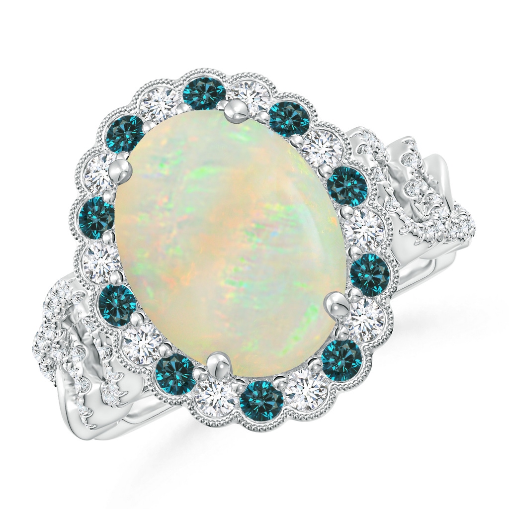 12.90x10.53x4.24mm AAA GIA Certified Oval Opal Ring with Blue & White Diamonds in 18K White Gold