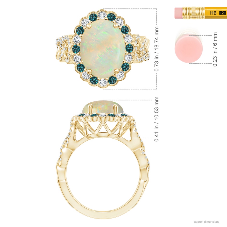 12.90x10.53x4.24mm AAA GIA Certified Oval Opal Ring with Blue & White Diamonds in 18K Yellow Gold ruler