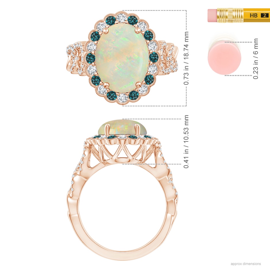 12.90x10.53x4.24mm AAA GIA Certified Oval Opal Ring with Blue & White Diamonds in Rose Gold ruler