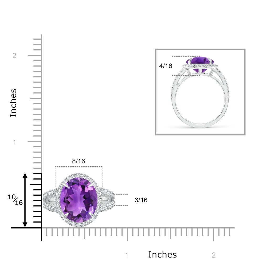 12x10mm AAA Oval Amethyst Split Shank Ring with Halo in White Gold Ruler