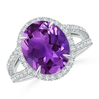 12x10mm AAAA Oval Amethyst Split Shank Ring with Halo in P950 Platinum